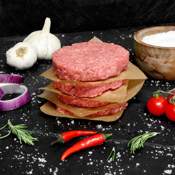 Welsh Grass Fed Chuck Steak Burgers with Cracked Black Pepper and Red Onion