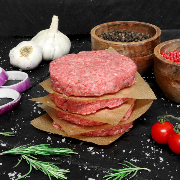 Welsh Grass Fed Chuck Steak Burgers with Cracked Black Pepper and Red Onion